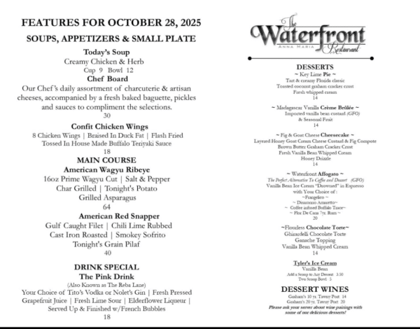 Daily Specials 10-28-25 The Waterfront Restaurant jpeg